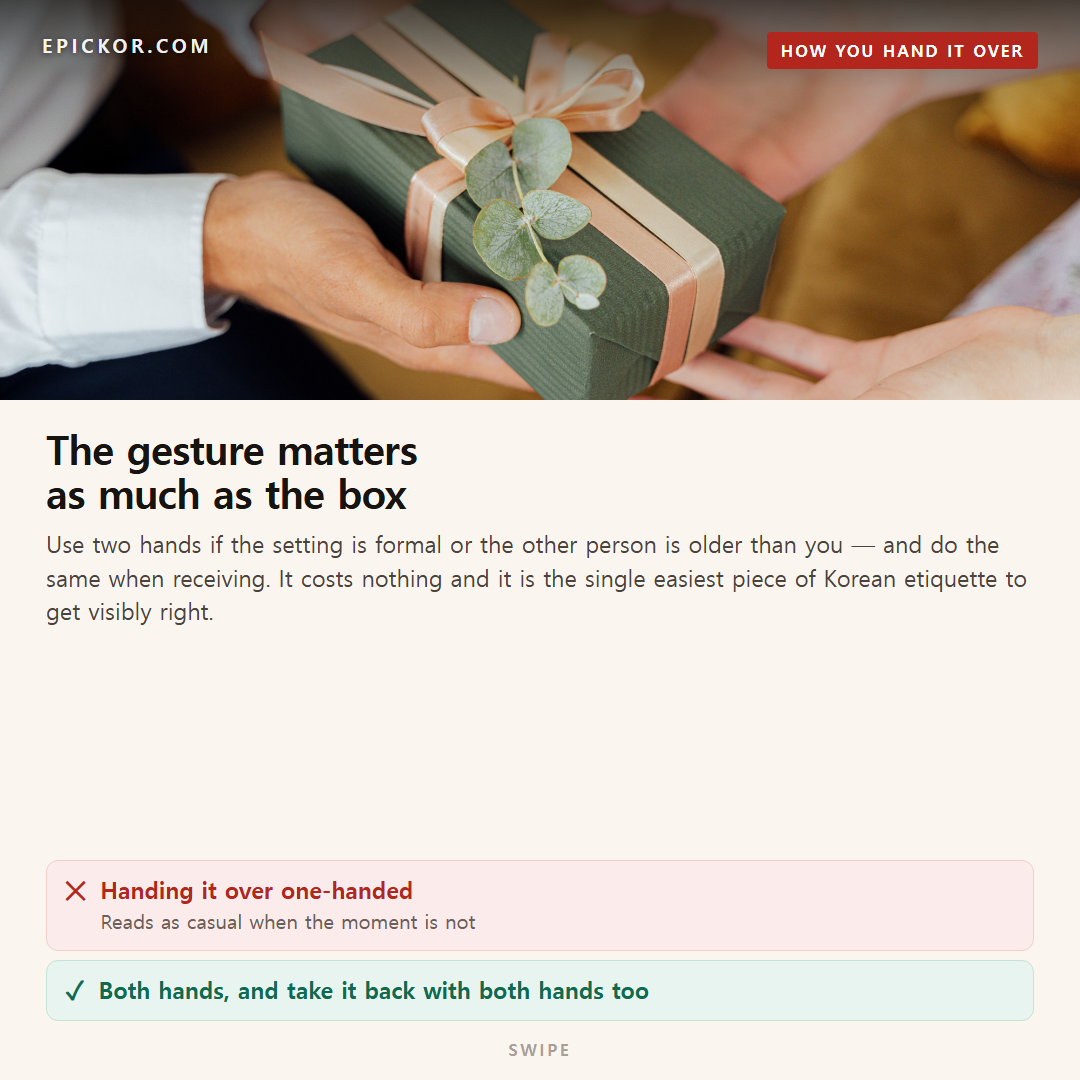 Two people exchanging a wrapped gift box, both using both hands