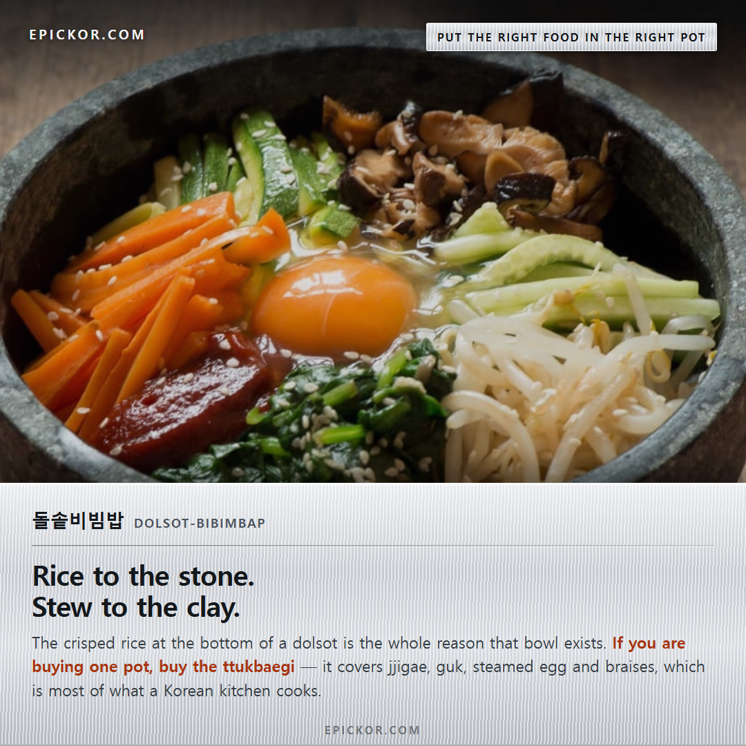 Dolsot bibimbap — rice and vegetables in a grey stone bowl