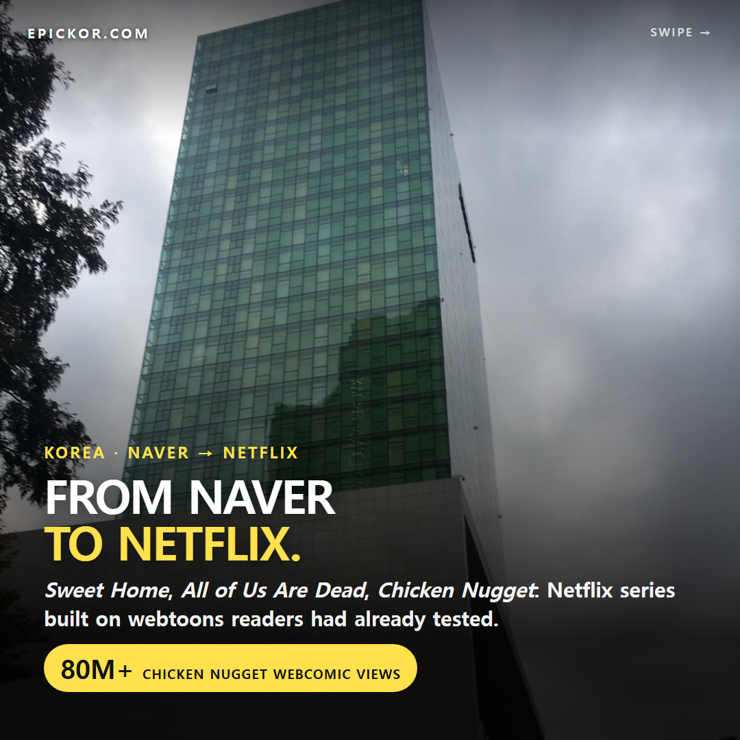 Naver's Green Factory headquarters in Seongnam, Korea: a green glass tower on a stone base under a cloudy sky