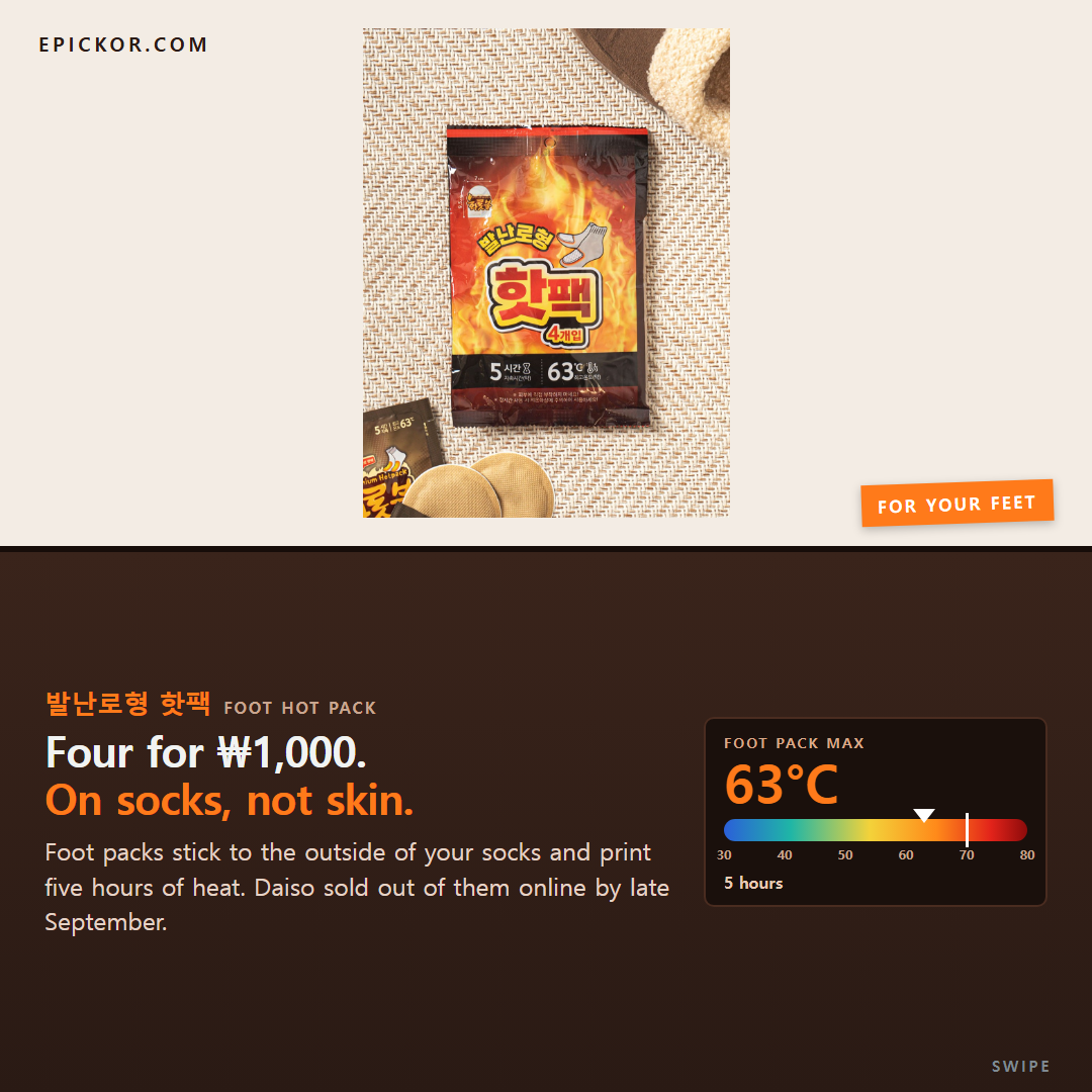 Daiso foot hot pack 4-pack (발난로형 핫팩 4개입) printed 5시간 and 63℃, beside a pocket hot-pack pouch, on a woven mat