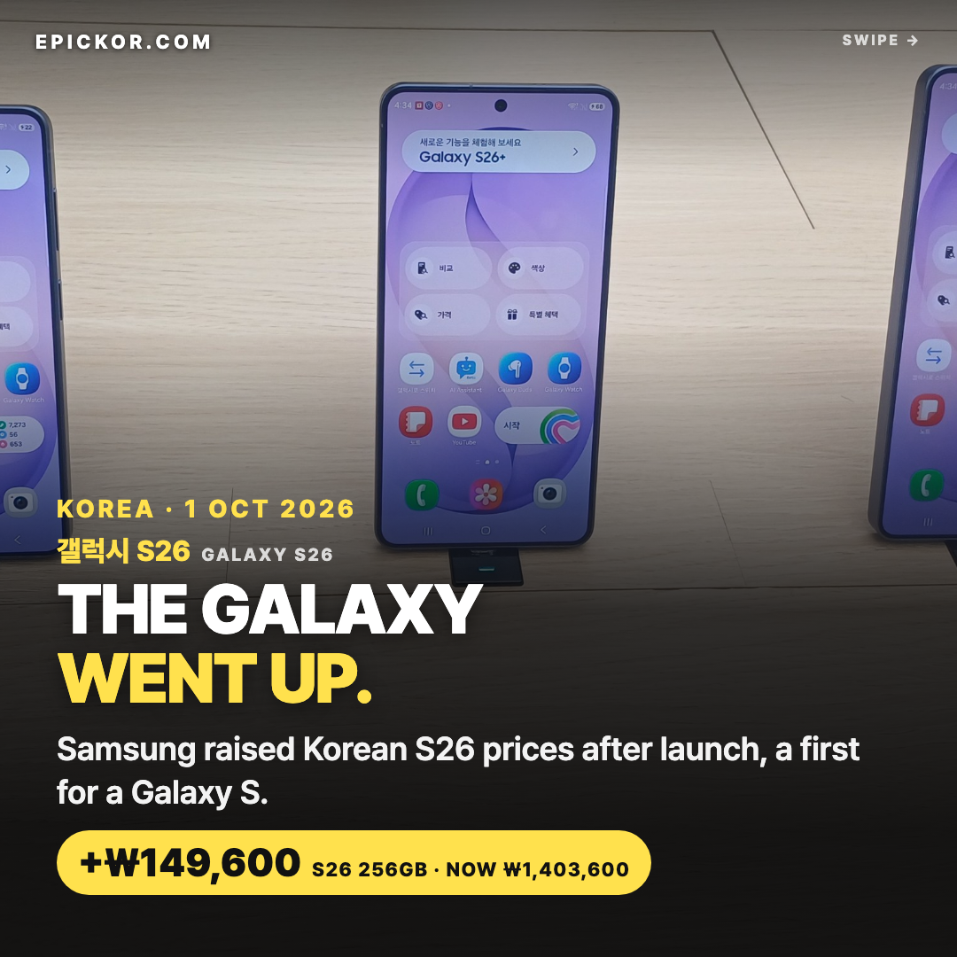 Galaxy S26-series phones on a store display table in Korea, February 2026 — the centre phone shows Galaxy S26+ with Korean-language demo screen (새로운 기능을 체험해 보세요), neighbours cropped at the edges