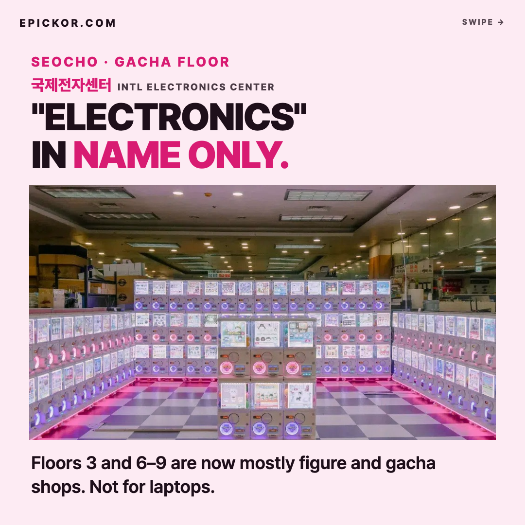 A gacha room inside 국제전자센터 (International Electronics Center), Seocho — walls of lit capsule-toy machines on a checkerboard floor under a NECOCO sign (The Edit photo, Aug 2026)