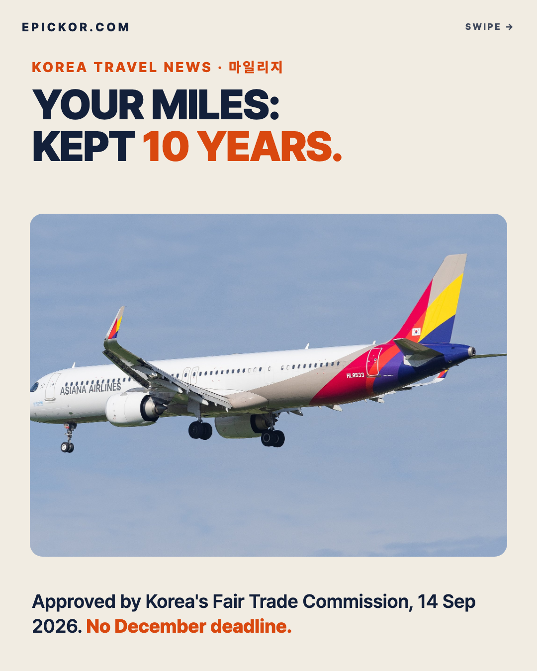 An Asiana Airlines narrowbody jet (HL8533) in flight with its gear down, August 2025, white fuselage with ASIANA AIRLINES titles and the multicoloured striped tail
