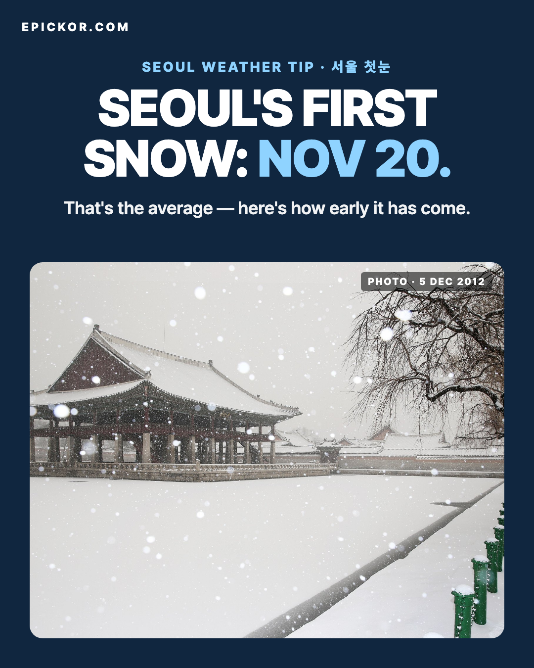 When does it snow in Korea? Official first-snow normals (Seoul 20 November) and how early it has come cover