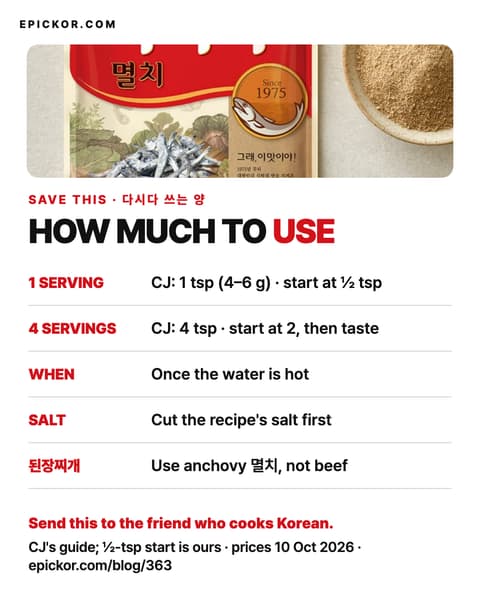 CJ's own product photo of the 1 kg red pouch of 다시다 멸치 (Dasida anchovy) with a bowl of the powder (CJ The Market)