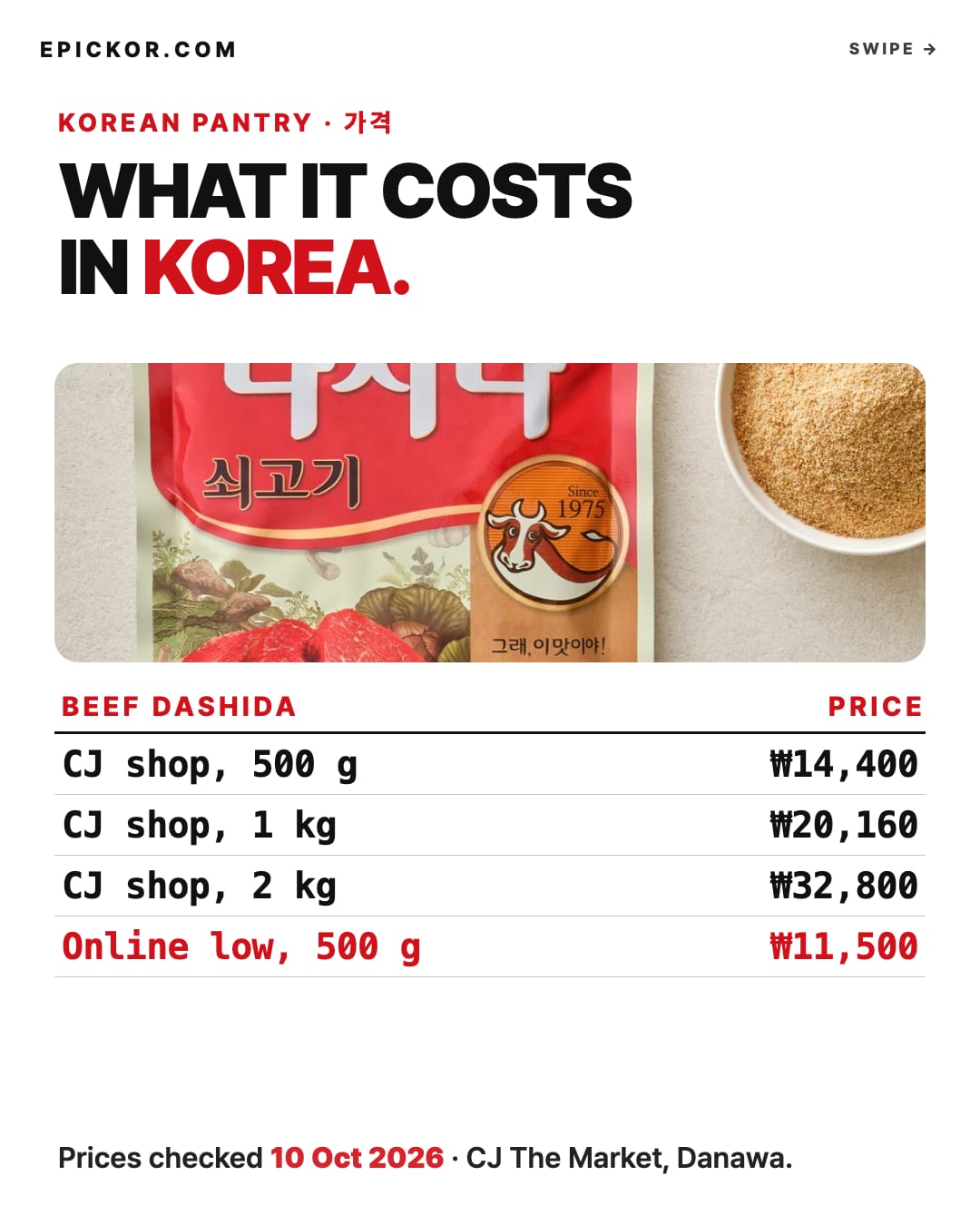 CJ's own product photo of the 500 g red pouch of 다시다 쇠고기 (Dasida beef) with a bowl of the granules (CJ The Market)