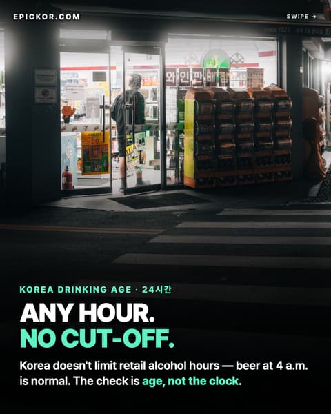 A 7-Eleven convenience store on a Seoul street corner lit up at night, cropped below the big fascia sign — open doors, a customer inside, a zebra crossing in front (Paul Bill, Pexels)