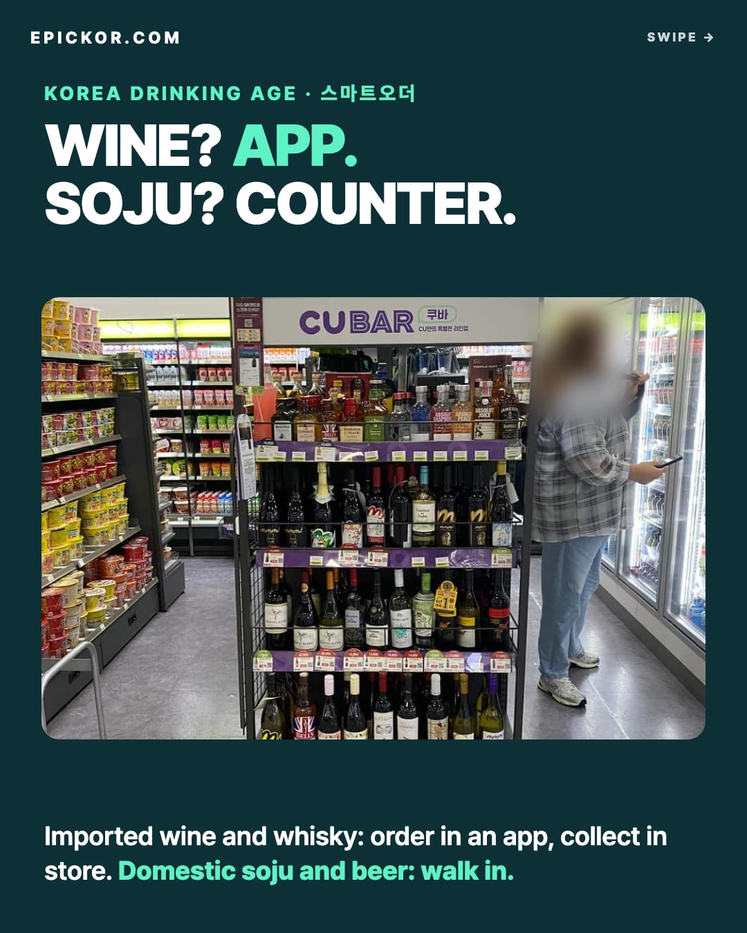 A wine fixture signed CU BAR inside a Korean CU convenience store, bottles with price labels, a customer at the drinks chiller behind, her head blurred (Sgroey, Wikimedia Commons)