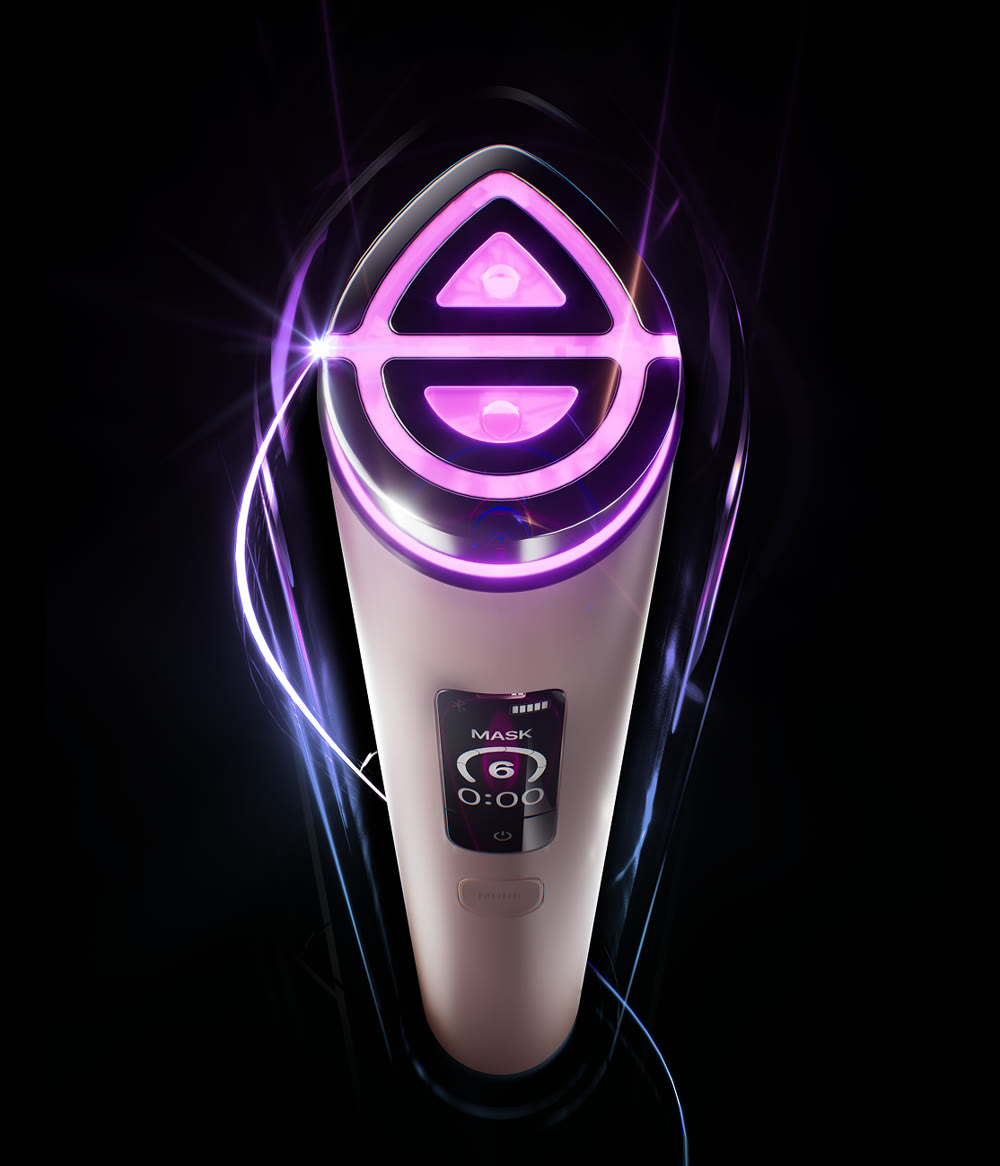 An official AGE-R handheld beauty device render showing the lit head and a mode display.