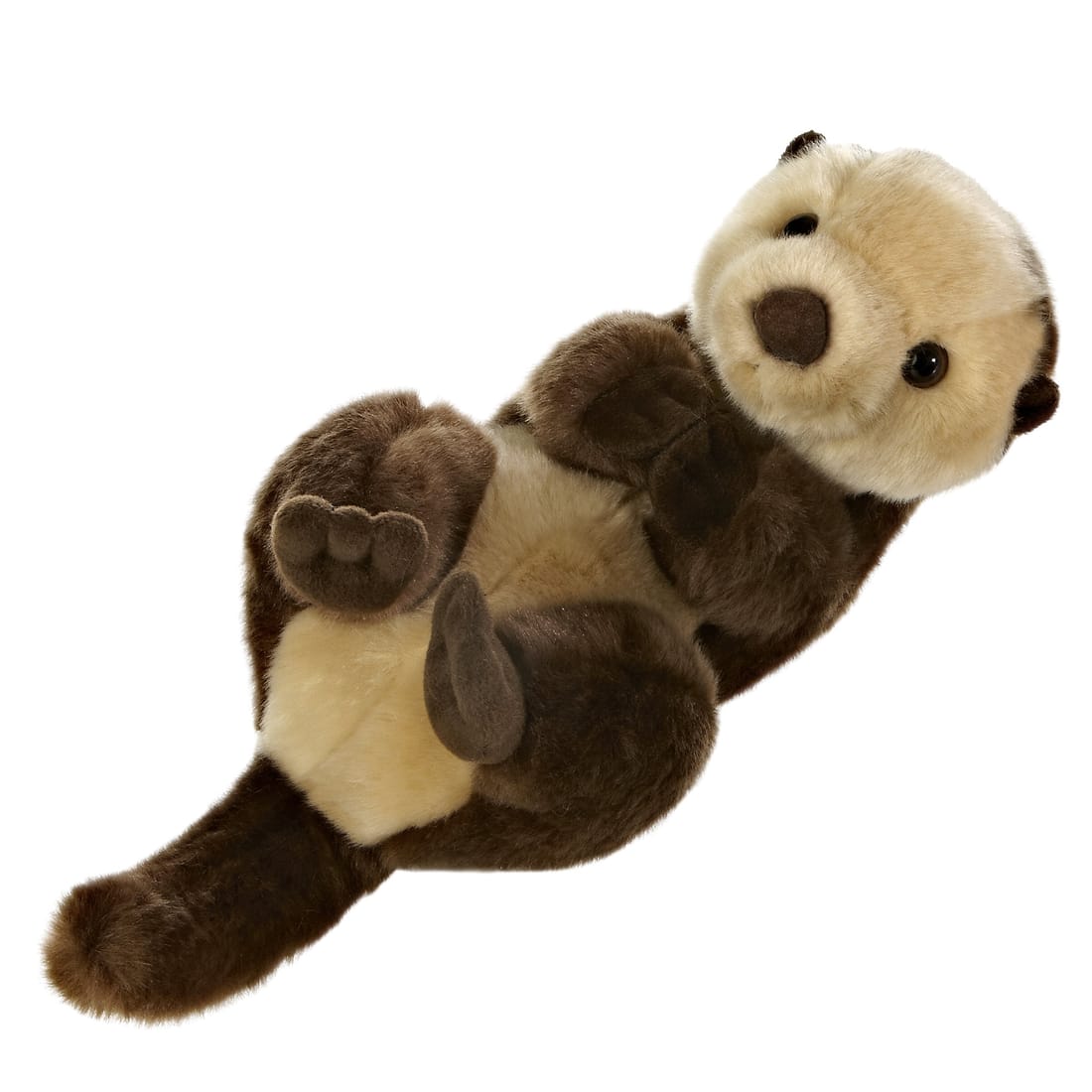 A realistic sea otter plush toy from Aurora's Miyoni line, lying on its back against a white background.