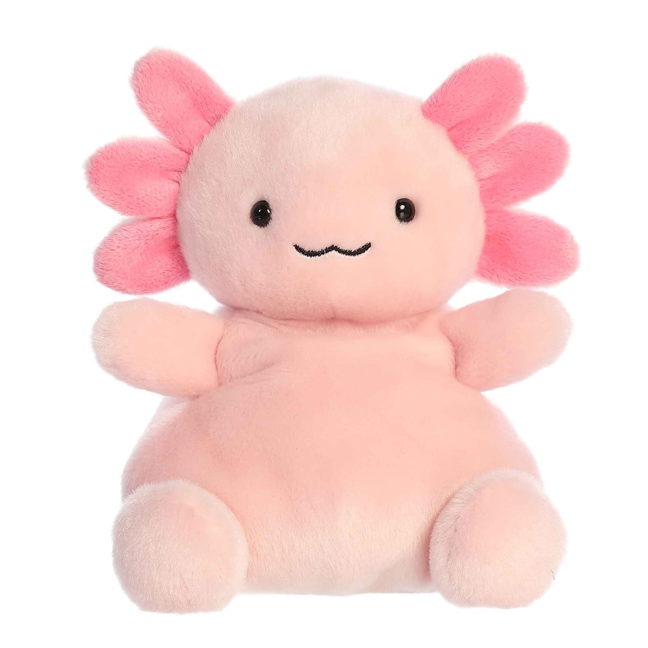 A pink Palm Pals axolotl plush toy by Aurora, photographed front-on against a plain white background.
