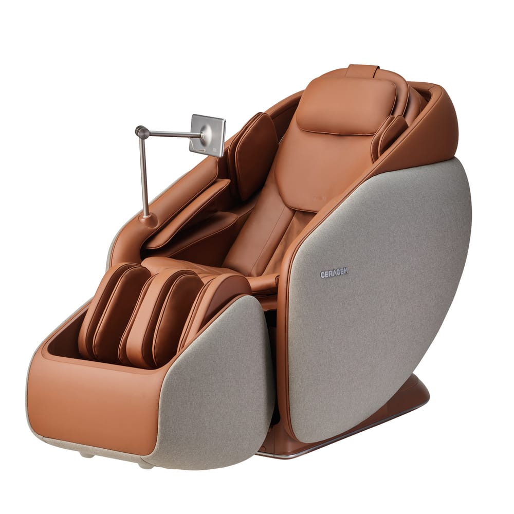A CERAGEM Pause M10 massage chair in tan leather with grey fabric side panels and an extended control arm, on a white background.