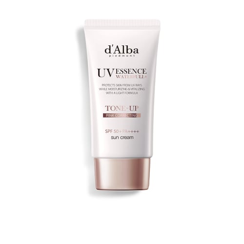 A white and rose-gold tube of d'Alba UV Essence Waterfull Tone-Up sun cream, SPF 50+ PA++++, with "d'Alba piedmont" at the top.