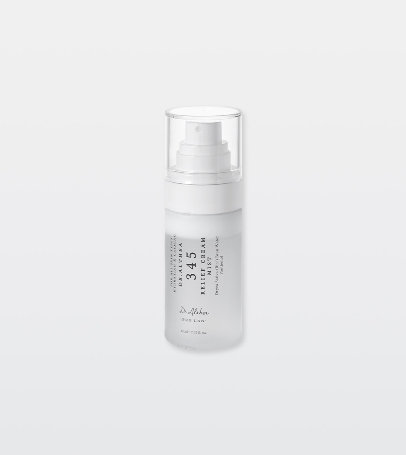 A frosted Dr.Althea 345 Relief Cream Mist bottle with a clear cap, labelled "60ml / 2.02 fl. oz.", on a pale grey background.