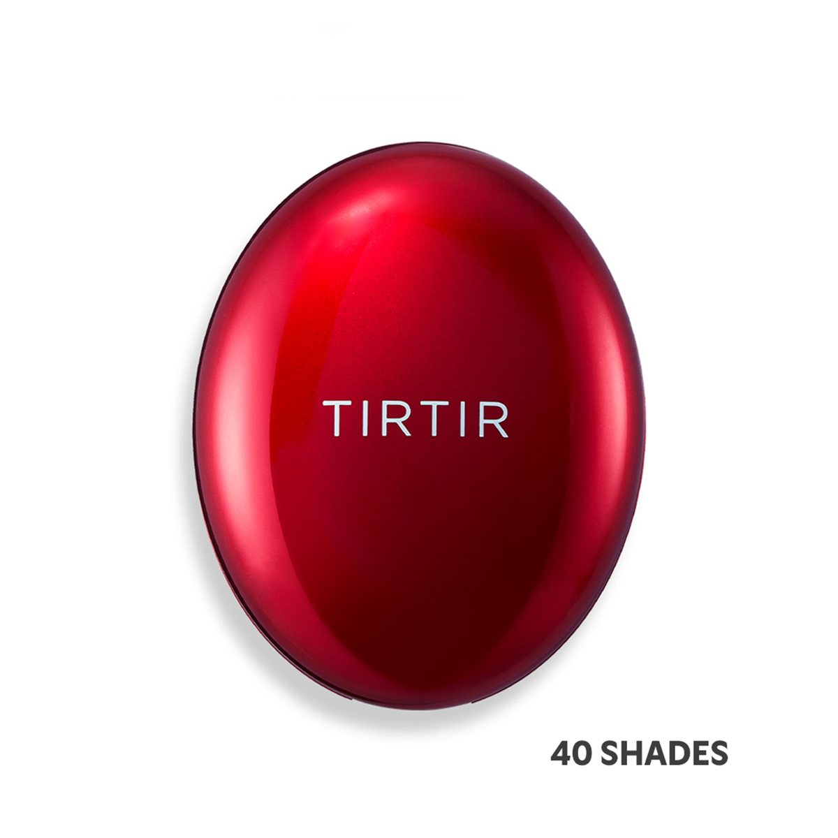 A glossy red TIRTIR Mask Fit Red Cushion compact on a white background, with the words "40 SHADES" printed at the lower right.