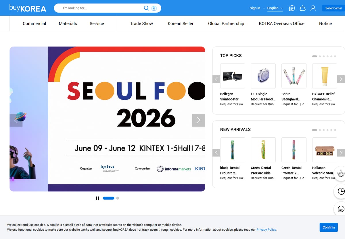 The buyKOREA marketplace homepage shows Korean supplier discovery surfaces, trade-show links, seller categories, and product cards for overseas buyers.