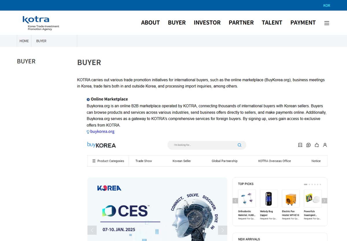 KOTRA's official buyer page explains online marketplace access, business meetings, trade fairs, import inquiries, and Korean SME sales support for overseas buyers.