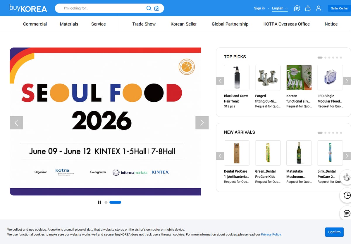 The buyKOREA homepage shows Korean seller, trade-show, and product-discovery surfaces that beauty buyers can use as a first screening path.