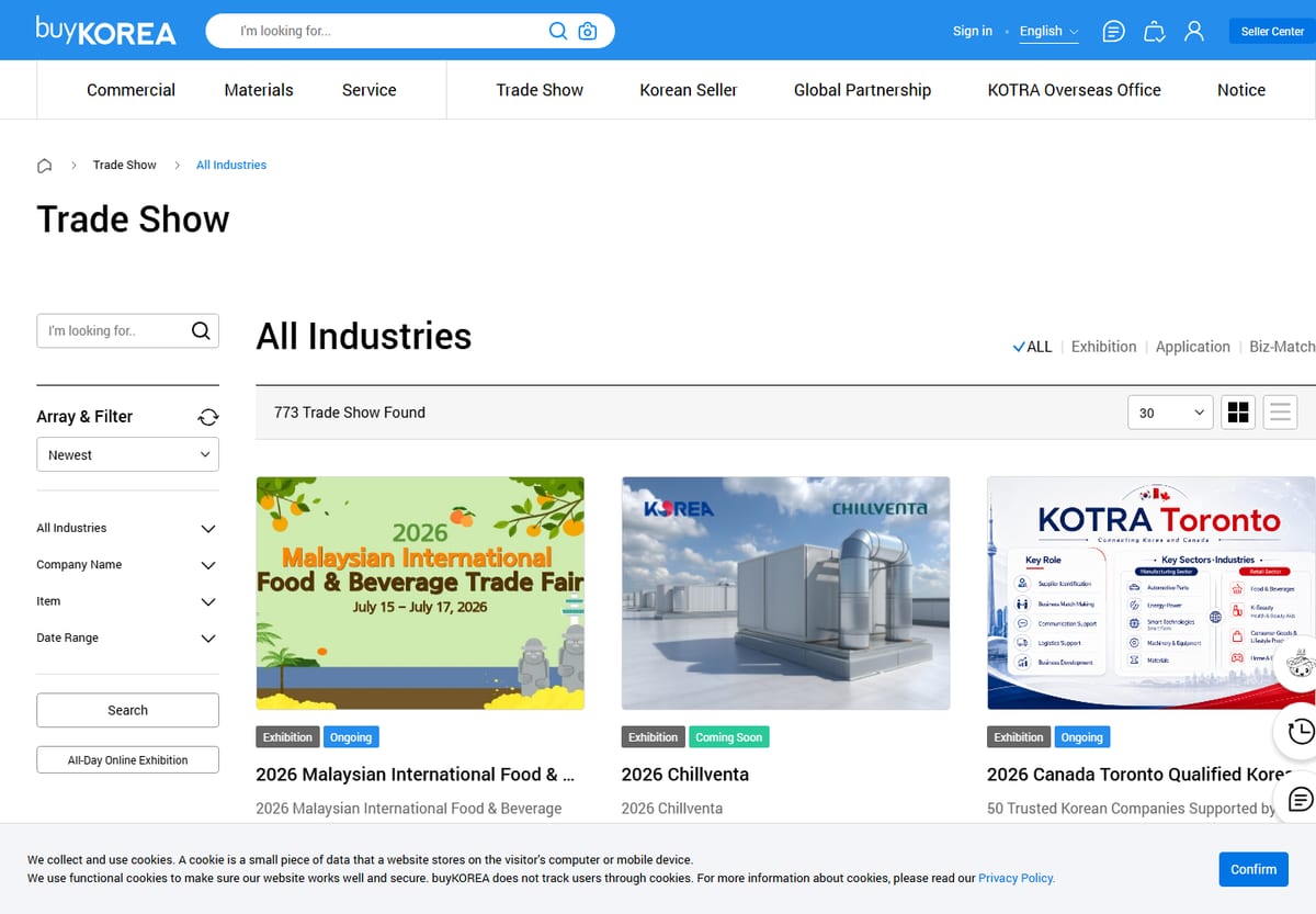 The buyKOREA trade-show page lists Korean trade-show and online-exhibition entries that overseas buyers can screen before planning meetings.