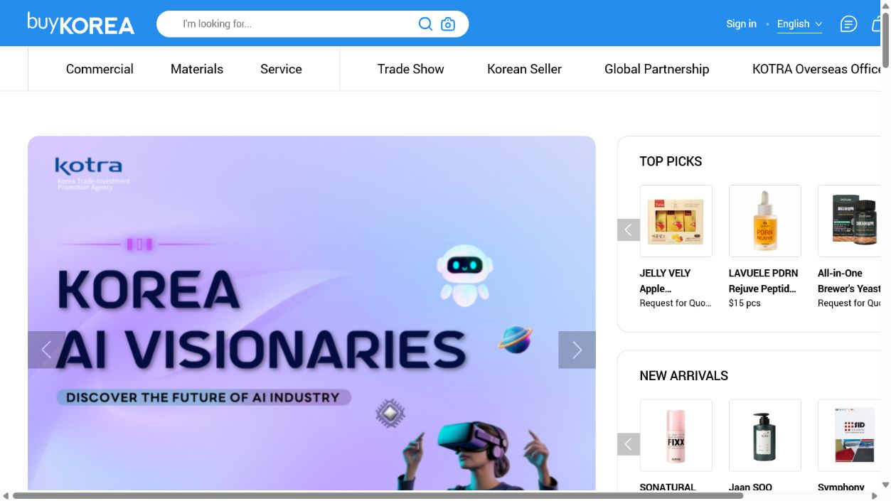 buyKOREA is a KOTRA-linked product discovery surface where overseas buyers can search Korean sellers, trade-show items, and export products before direct verification.