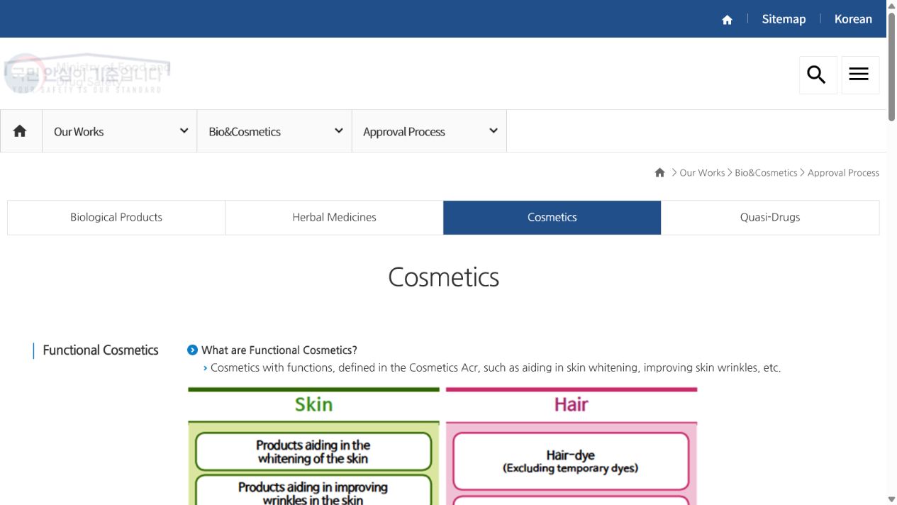 The MFDS English cosmetics page is a reminder that functional-cosmetics claim language can affect what documents buyers should request.