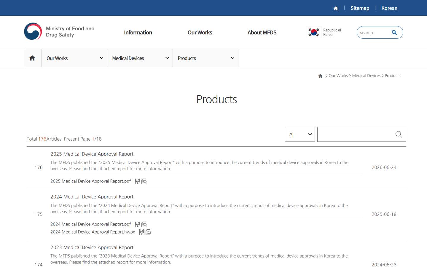 The MFDS English medical-device products page lists current Korean approval reports and product materials.
