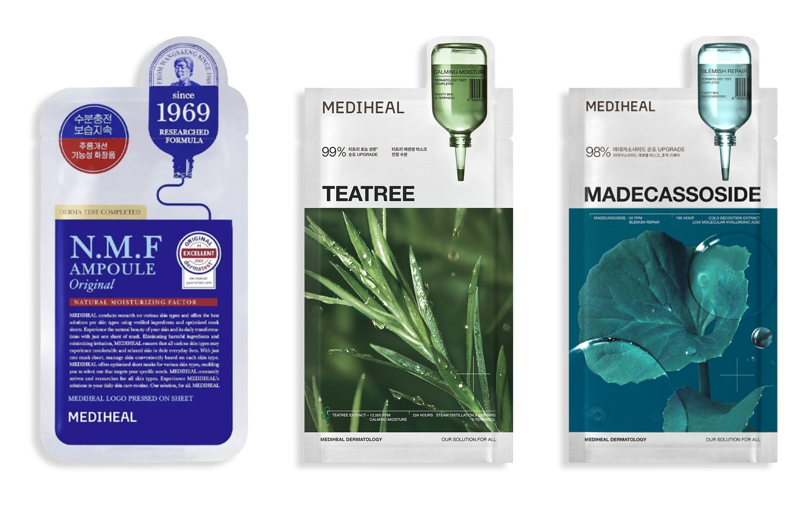 Composite of three MEDIHEAL sheet-mask sachets side by side on white: the blue N.M.F Ampoule Mask Original, the green Teatree Essential Mask and the teal Madecassoside Essential Mask.