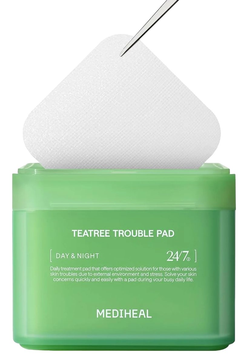 A green MEDIHEAL Teatree Trouble Pad tub with its lid off and a white square pad lifted out with metal tweezers.