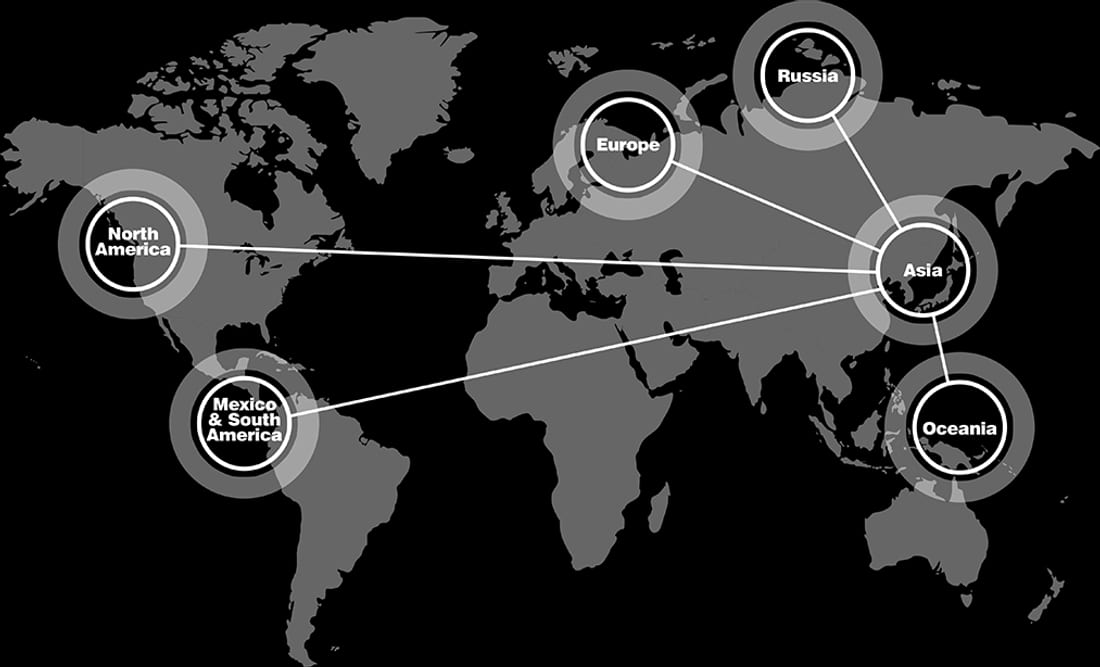 Navien's own world map graphic marking its regions: North America, Mexico and South America, Europe, Russia, Asia and Oceania, with lines radiating from Asia.