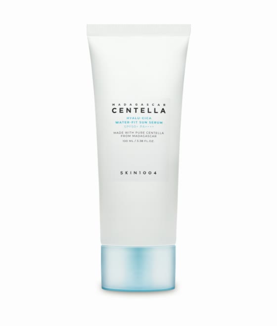 A white SKIN1004 Hyalu-Cica Water-Fit Sun Serum tube with a light-blue cap, labelled "SPF50+ PA++++" and "100 mL / 3.38 fl. oz.", on a white background.