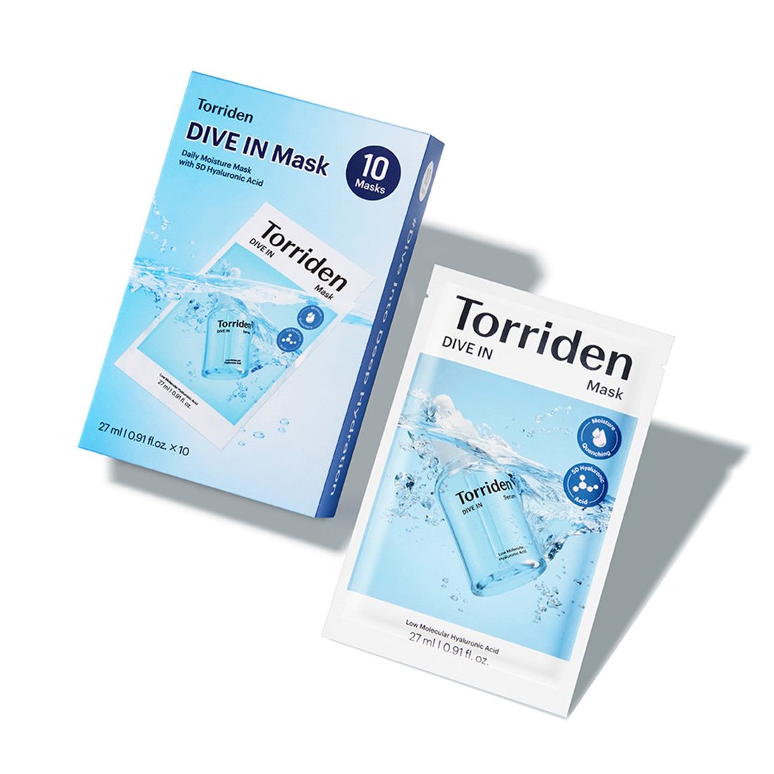 A pale blue Torriden Dive-In Mask box of ten sheet masks beside a single white Dive-In Mask sachet, photographed on a white background.