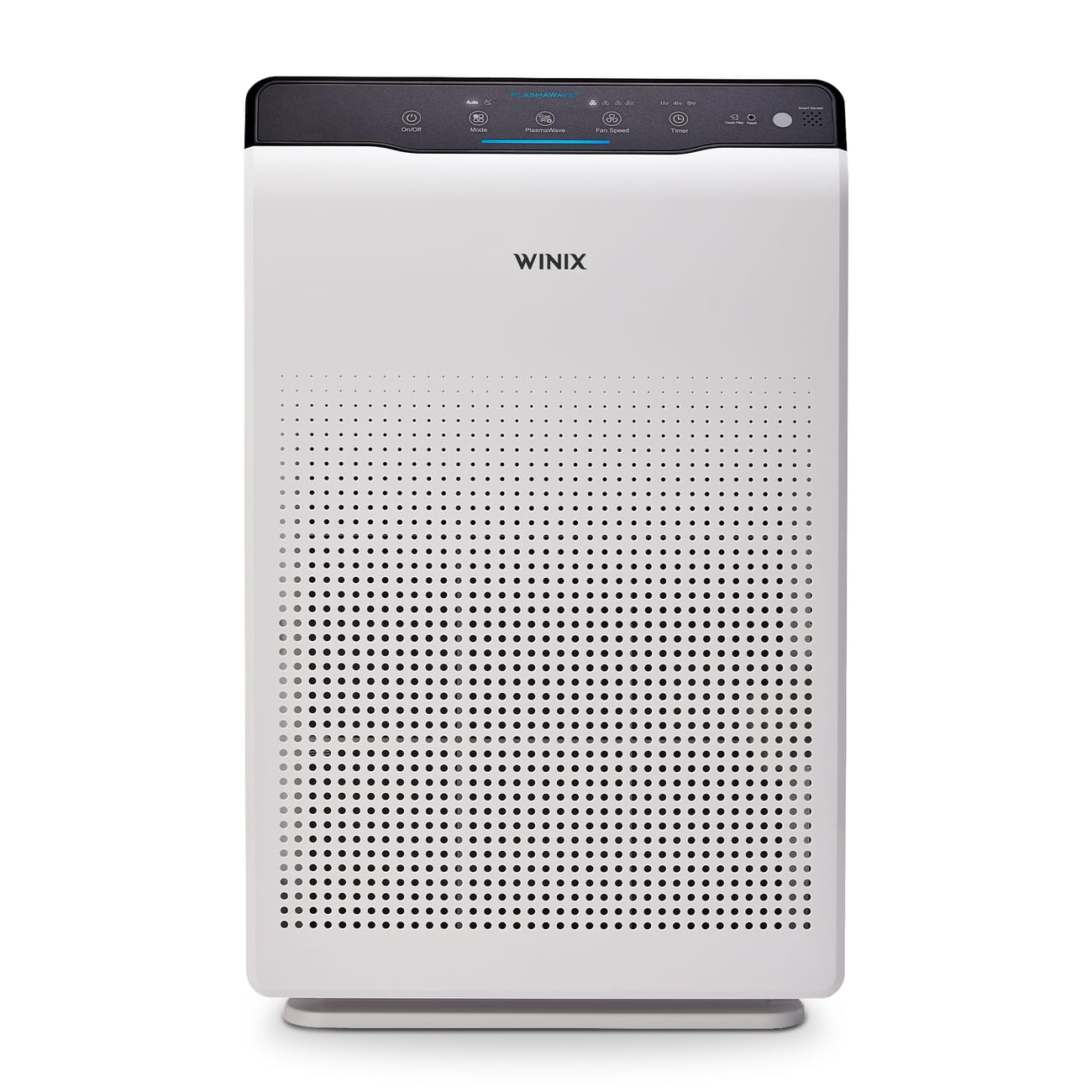 The Winix C535 air purifier, a white tower with a black control panel, photographed front-on against a white background.