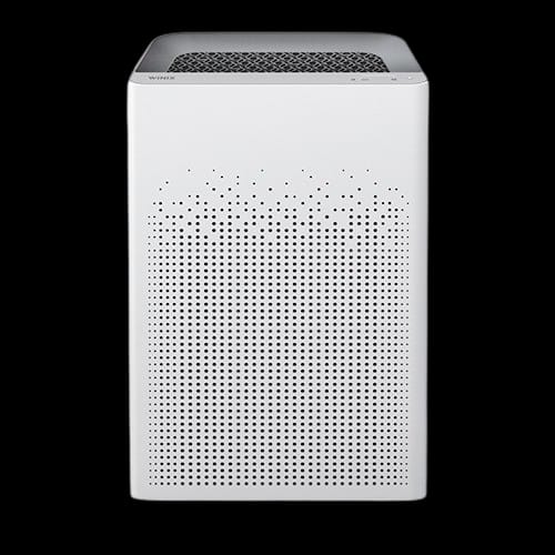 A Winix air purifier from the company's current Korean lineup, a white tower with a patterned grille, on a black background.