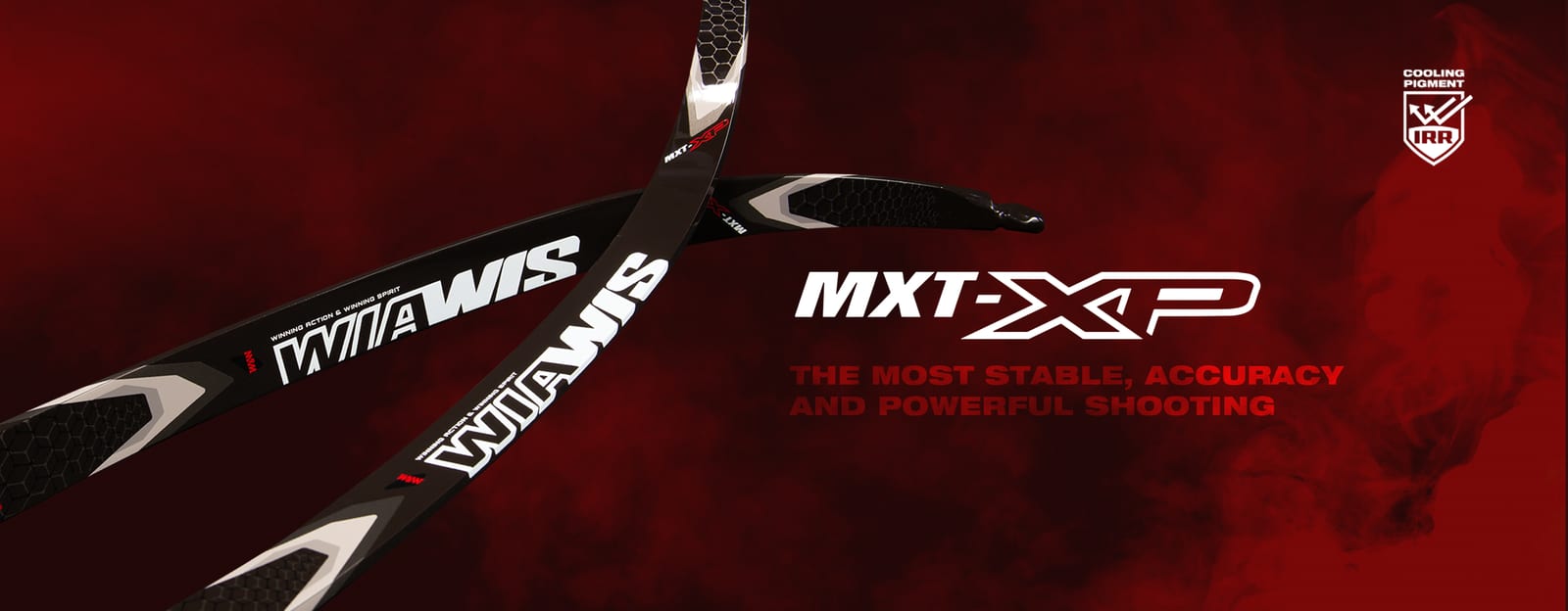 Official WIAWIS product visual of MXT-XP recurve limbs crossed against a red background.