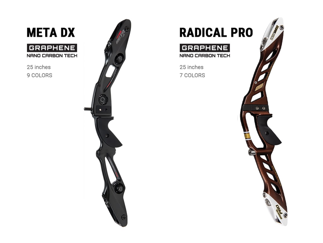 Official WIAWIS product images of the META DX graphene riser and Radical Pro riser, side by side.