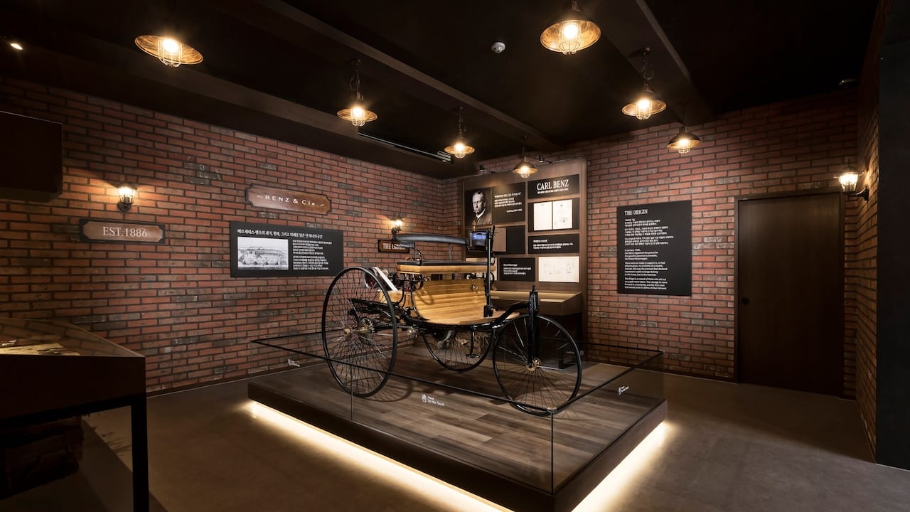 The Benz Patent-Motorwagen displayed inside Mercedes-Benz Studio Seoul