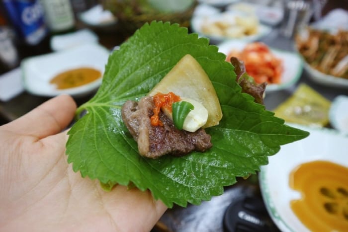 A bite of grilled Korean beef served at Majang Meat Market