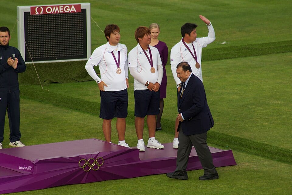 South Korea's men's Olympic archery team on the podium at London 2012.