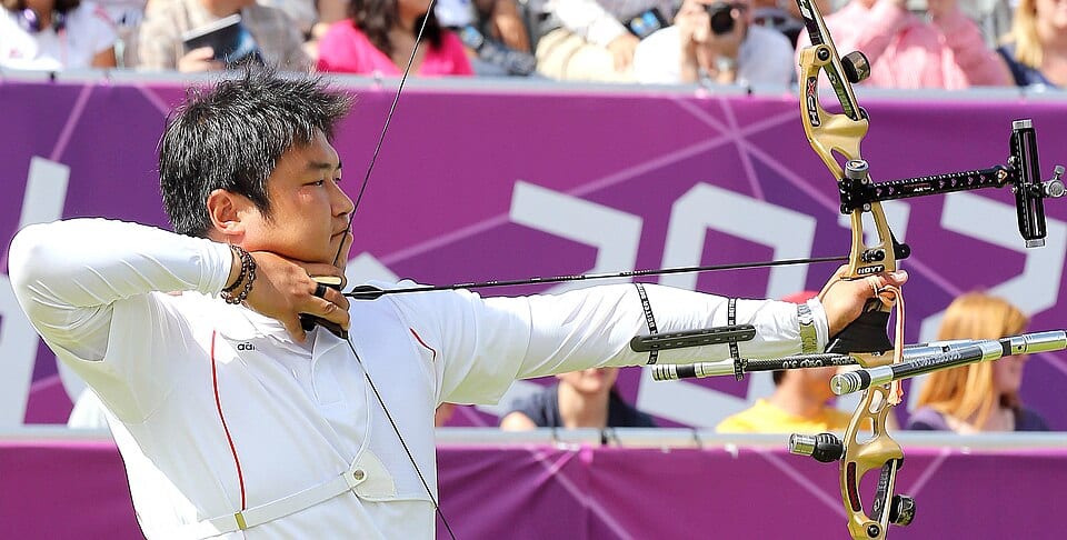 South Korean Olympic archer Oh Jin-hyek at full draw during the London 2012 Games.