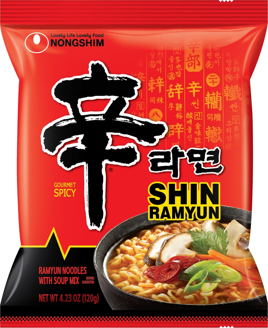Official Nongshim pack shot of the Shin Ramyun 120g bag.