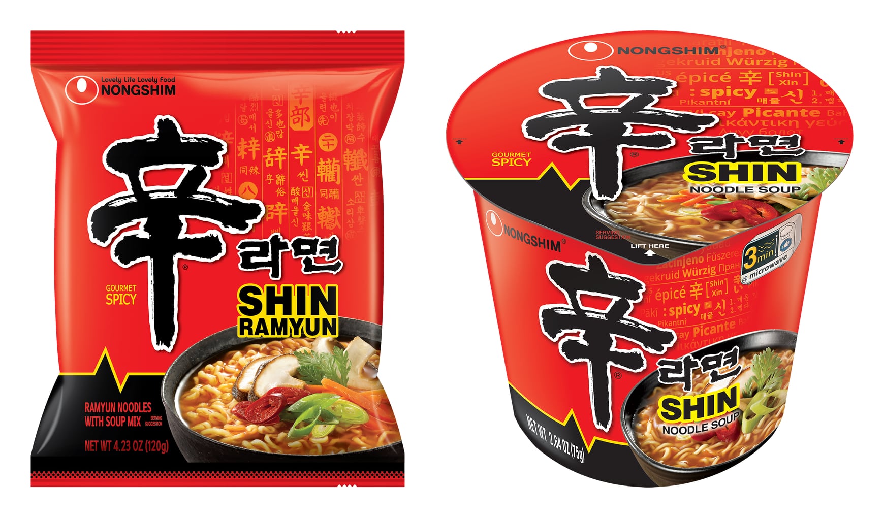 Official Nongshim pack shots of Shin Ramyun: the 120g bag next to the 75g cup.