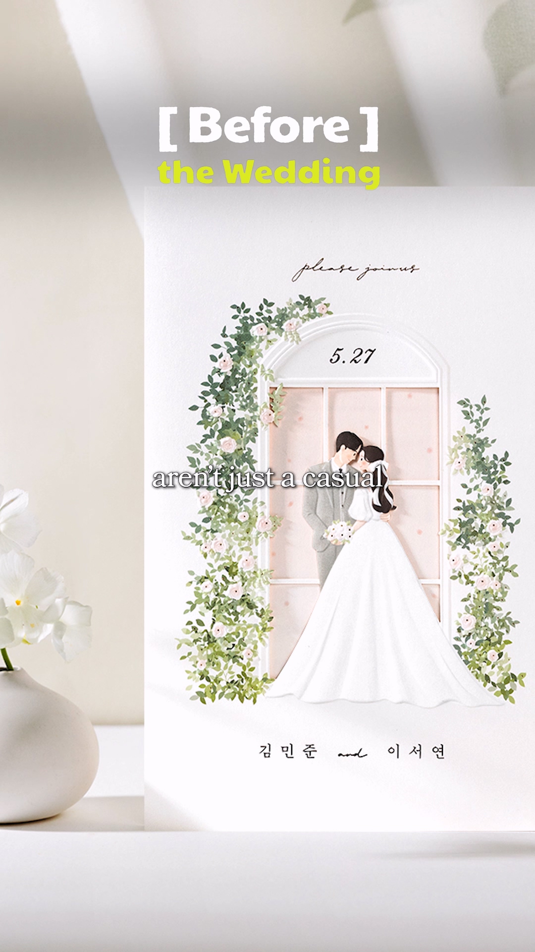 Korean bride trying on an elegant white wedding dress for rental