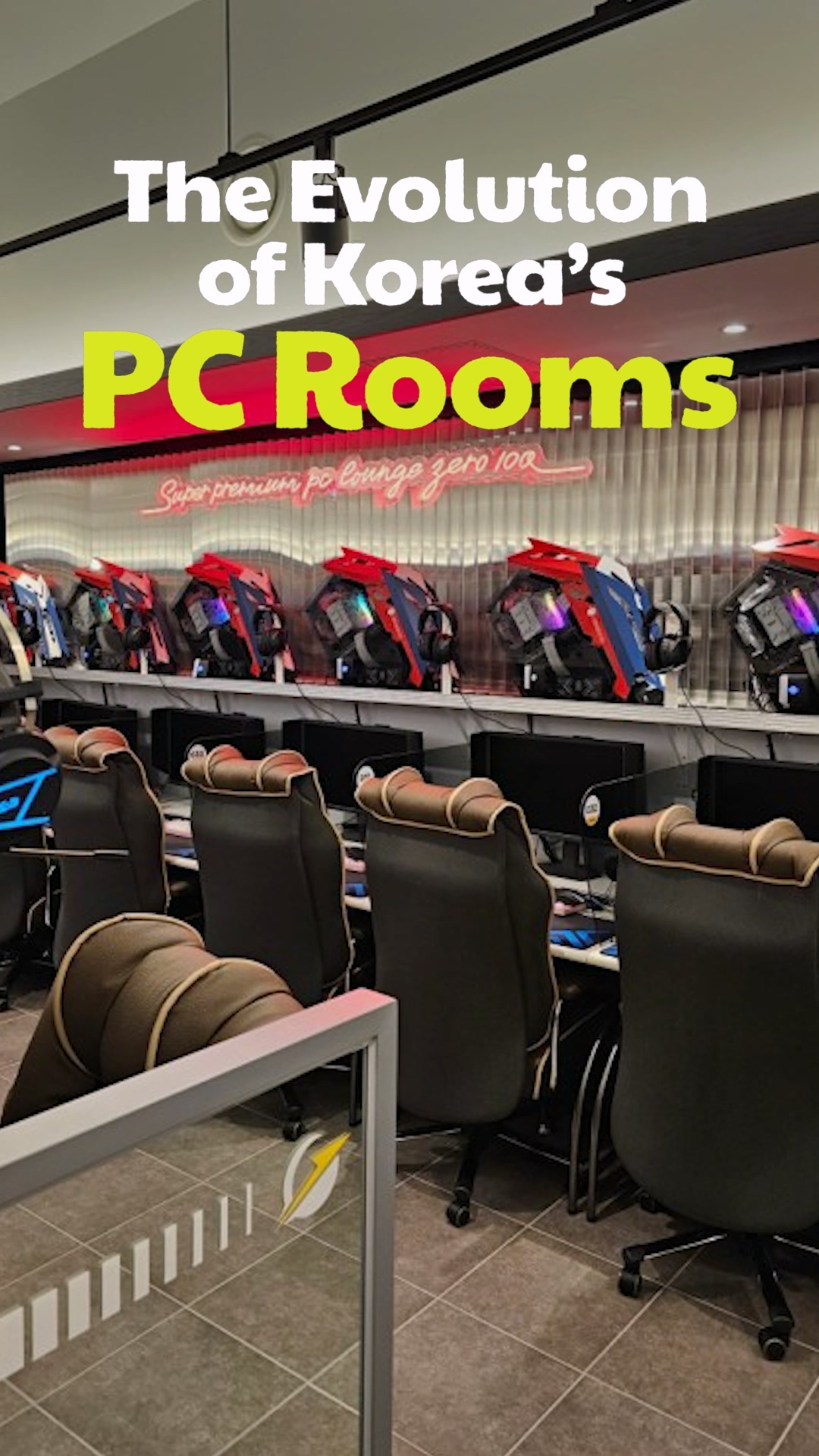 Rows of high-end gaming setups with glowing RGB lights