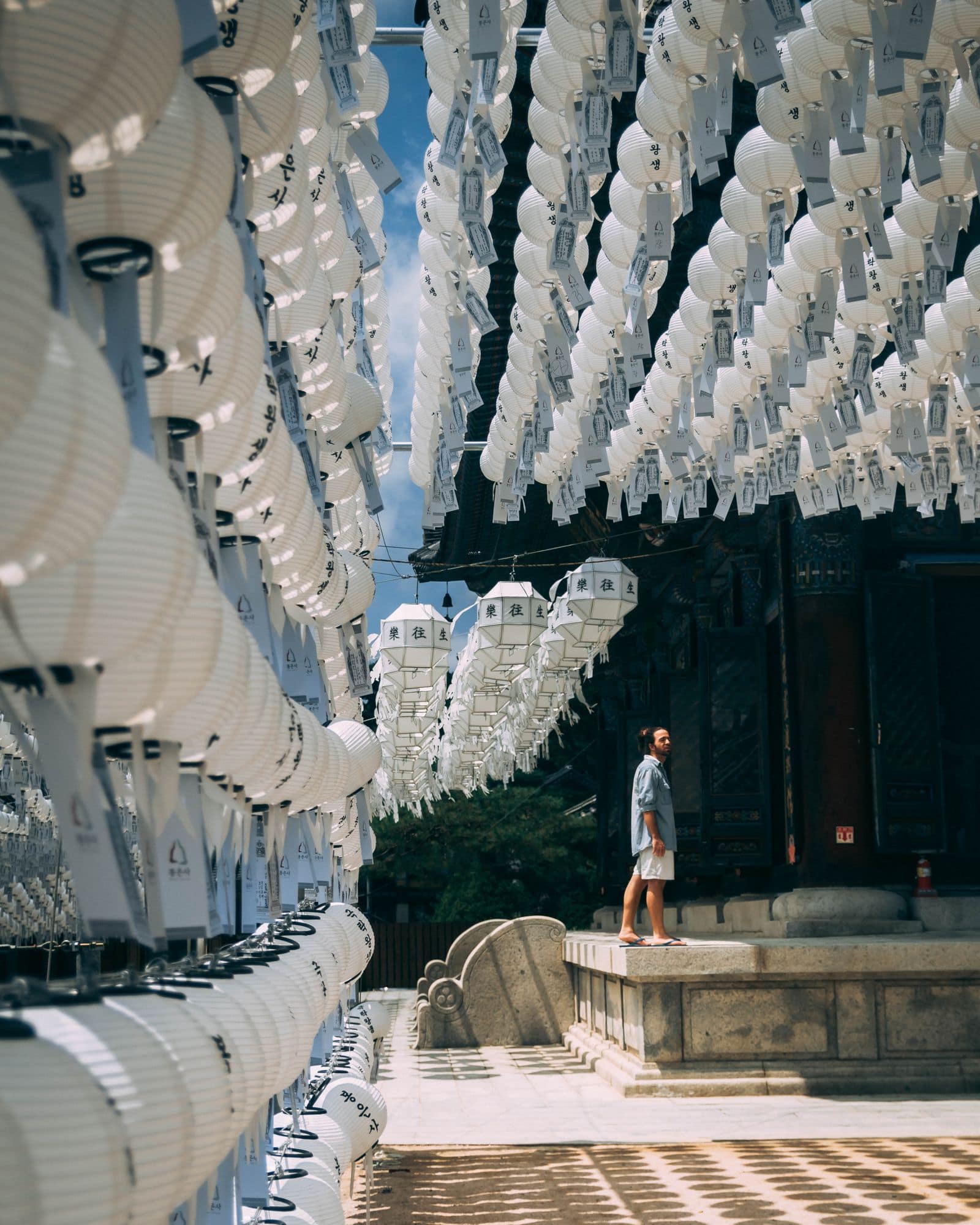 White paper lanterns and prayer tags at a Seoul Buddhist temple.
