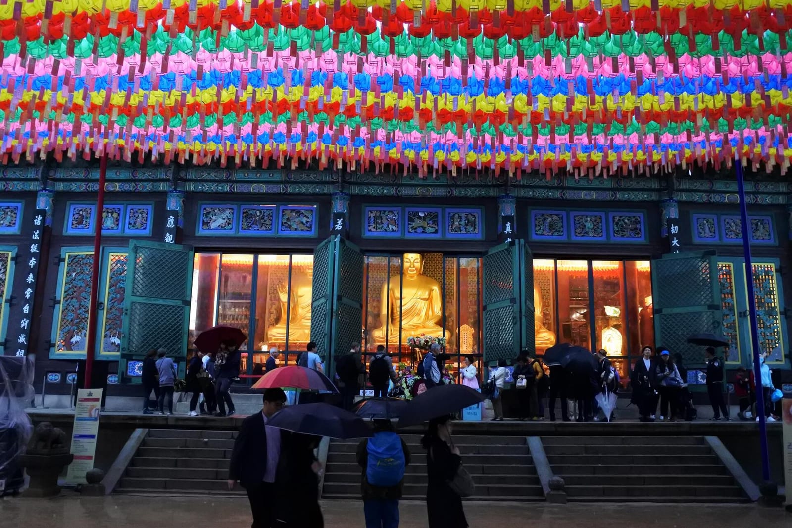 Lotus lanterns and Buddha images at Jogyesa Temple in Seoul.