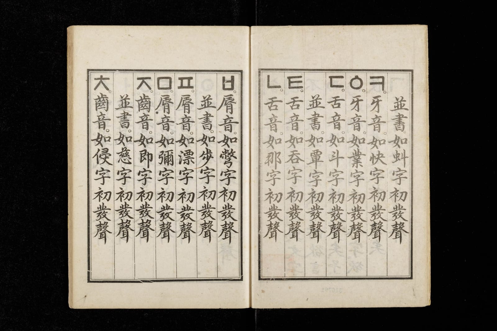 A printed spread from the Hunminjeongeum Haerye, the 15th-century volume explaining the new Korean letters.
