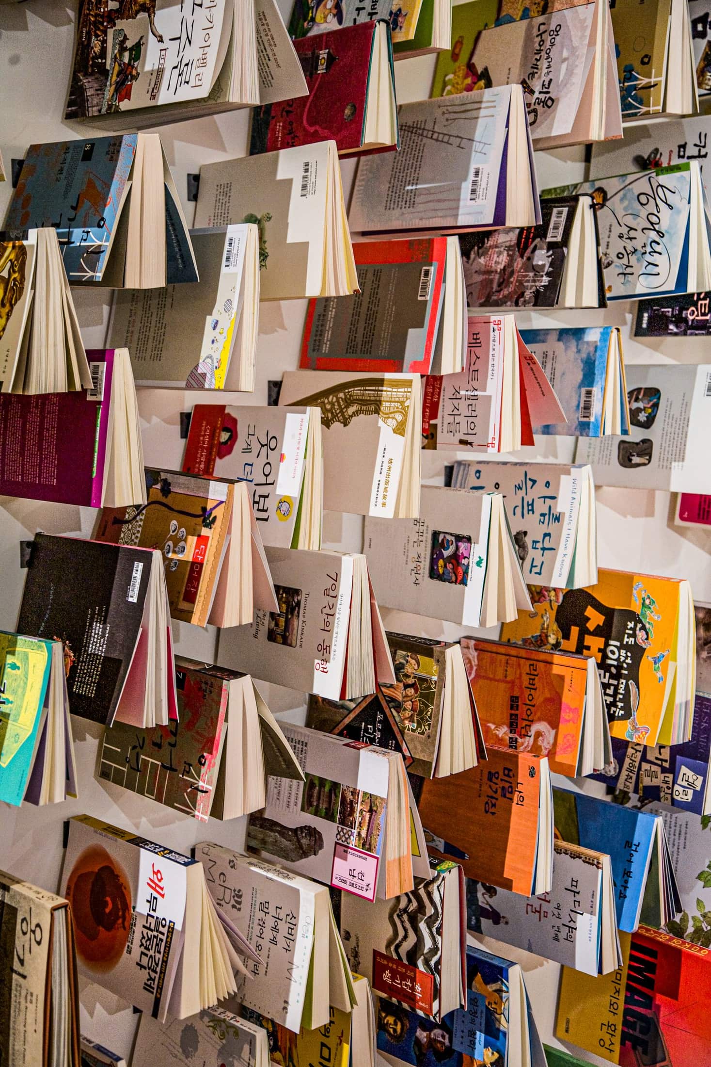 A wall display of Korean books showing varied contemporary Hangeul cover typography.
