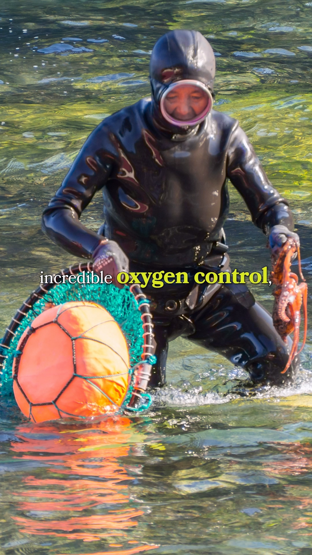 Close up of a Haenyeo's weathered face and diving goggles