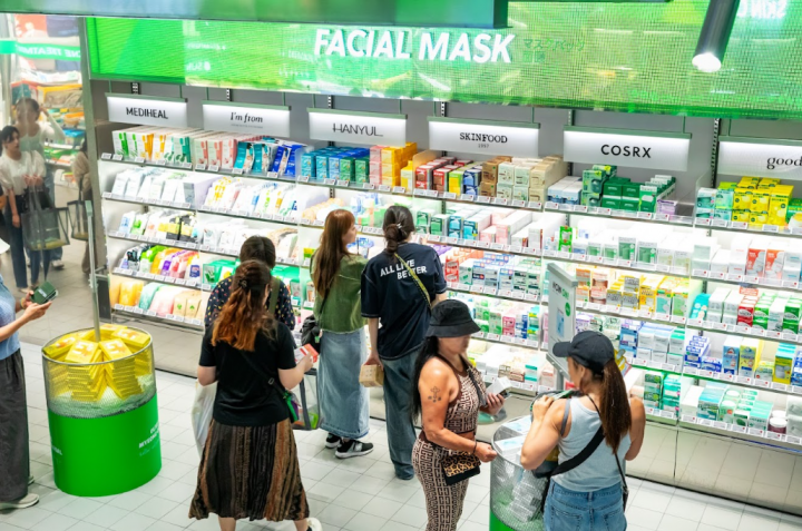 Inside Olive Young, K-beauty products are arranged so visitors can compare categories in person.