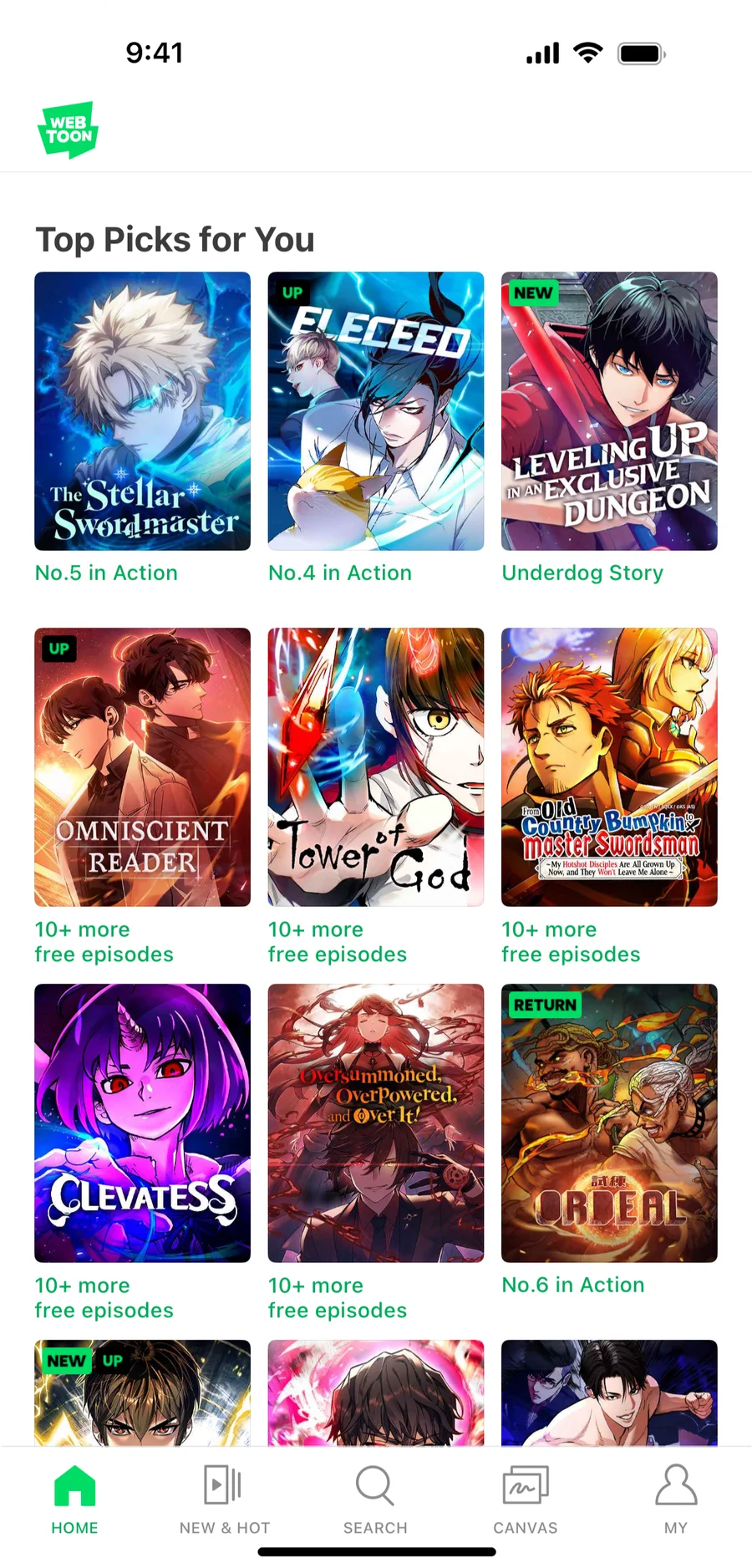The WEBTOON app home screen shows recognizable webtoon title covers in a phone-first grid.